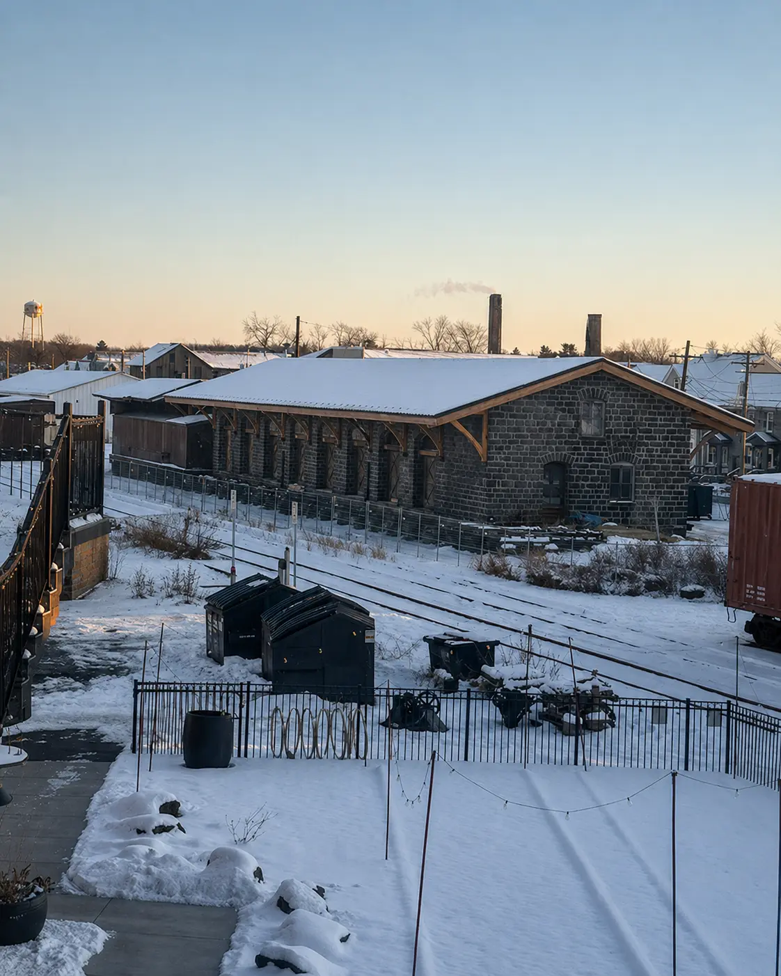 High-angle view of the snow-covered 1902 freight house beside the rail line in Quakertown