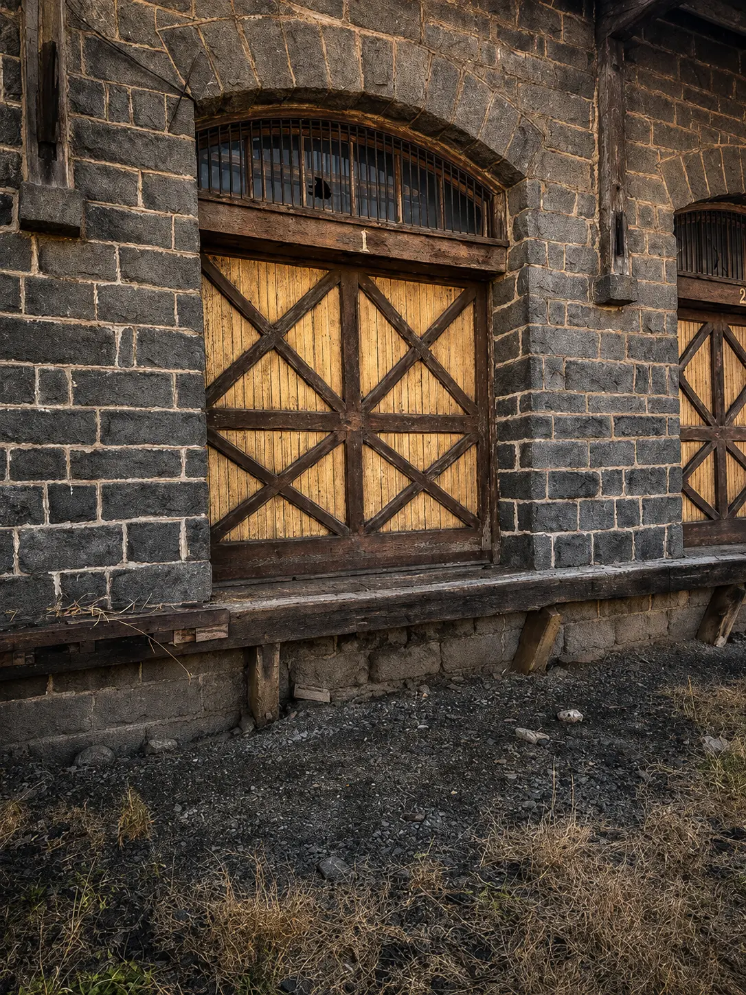 One restored 1902 timber freight door standing in its stone archway