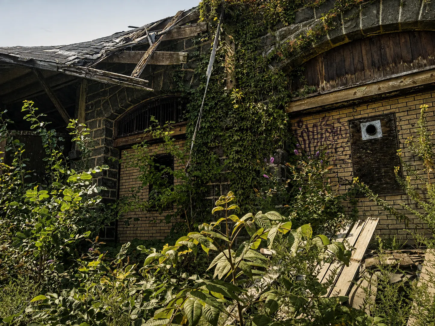 Vines and volunteer growth covering the collapsed eave and boarded openings of the freight house before stabilization