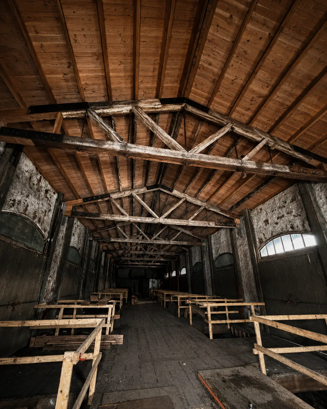 Looking up into the freight house roof: heavy original timber trusses beneath new wood decking