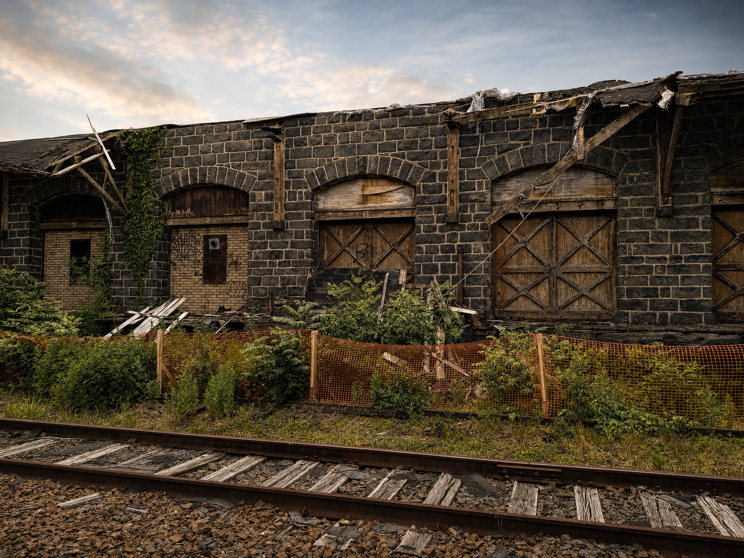 Front Street elevation of the freight house before restoration, boarded freight doors behind construction fencing and rail track in the foreground