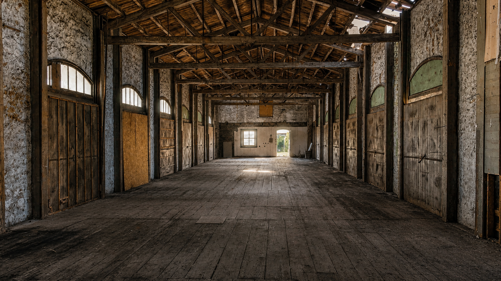 Interior of the freight house before stabilization, daylight showing through gaps in the failing roof over the plank floor