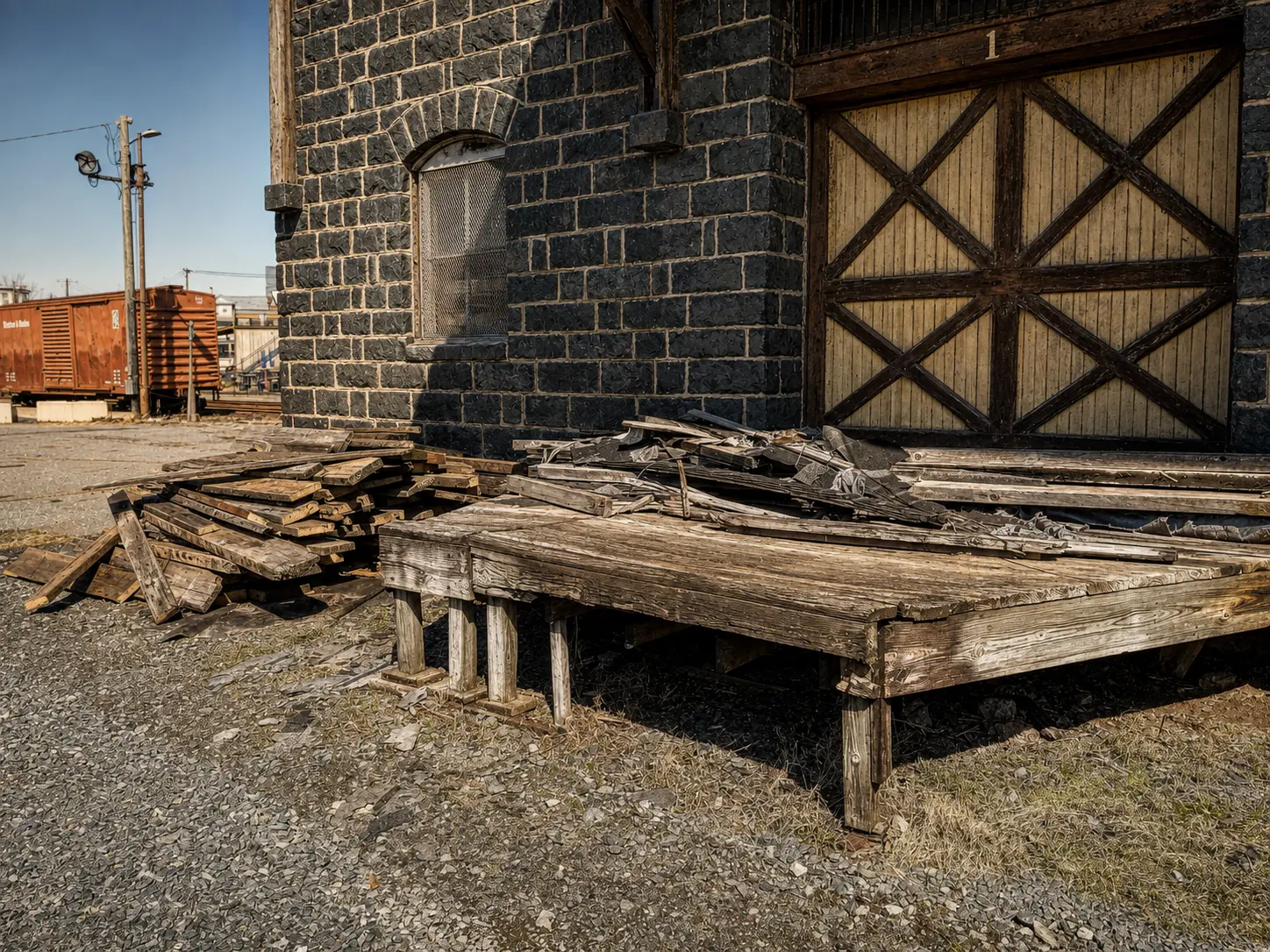 Reclaimed timber stacked at the corner of the stone freight house, a red rail car standing on the siding beyond